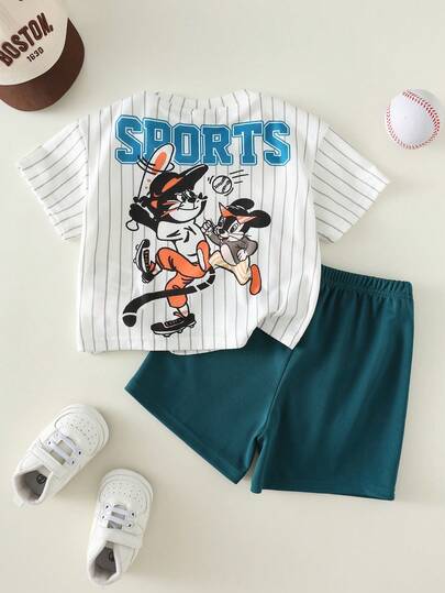 SHEIN 2件套男婴休闲可爱夏季针织字母卡通印花宽松短袖T恤和短裤套装，夏季服装