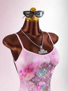 Amplova Women's Cross Rhinestone & Floral Print Camisole Backless Bodycon Romper - Pink - View 5