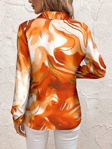 SHEIN Clasi 女式长袖纽扣休闲衬衫，全身印有金色时光图案，长袖上衣 - 橘色 - 查看 2