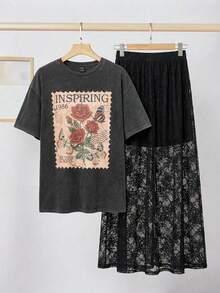SHEIN LUNE 两件套加大码套装：复古印花T恤和蕾丝中长裙 - 彩色 - 查看 1