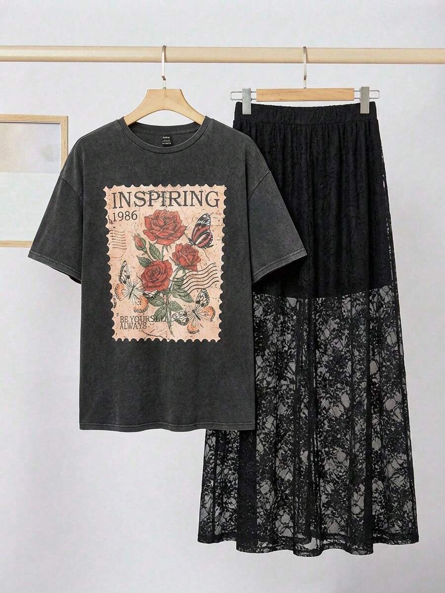 SHEIN LUNE 两件套加大码套装：复古印花T恤和蕾丝中长裙 - 彩色 - 查看 1