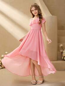SHEIN Đầm dự tiệc màu trơn xếp nếp vạt lệch cho bé gái tuổi teen - Hồng - Xem 4