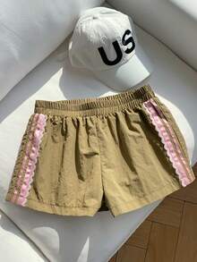 Comfortcana Quần short nữ dáng rộng, cạp chun, phối ren tương phản, kiểu dáng thường ngày. - xanh quân đội - Xem 7