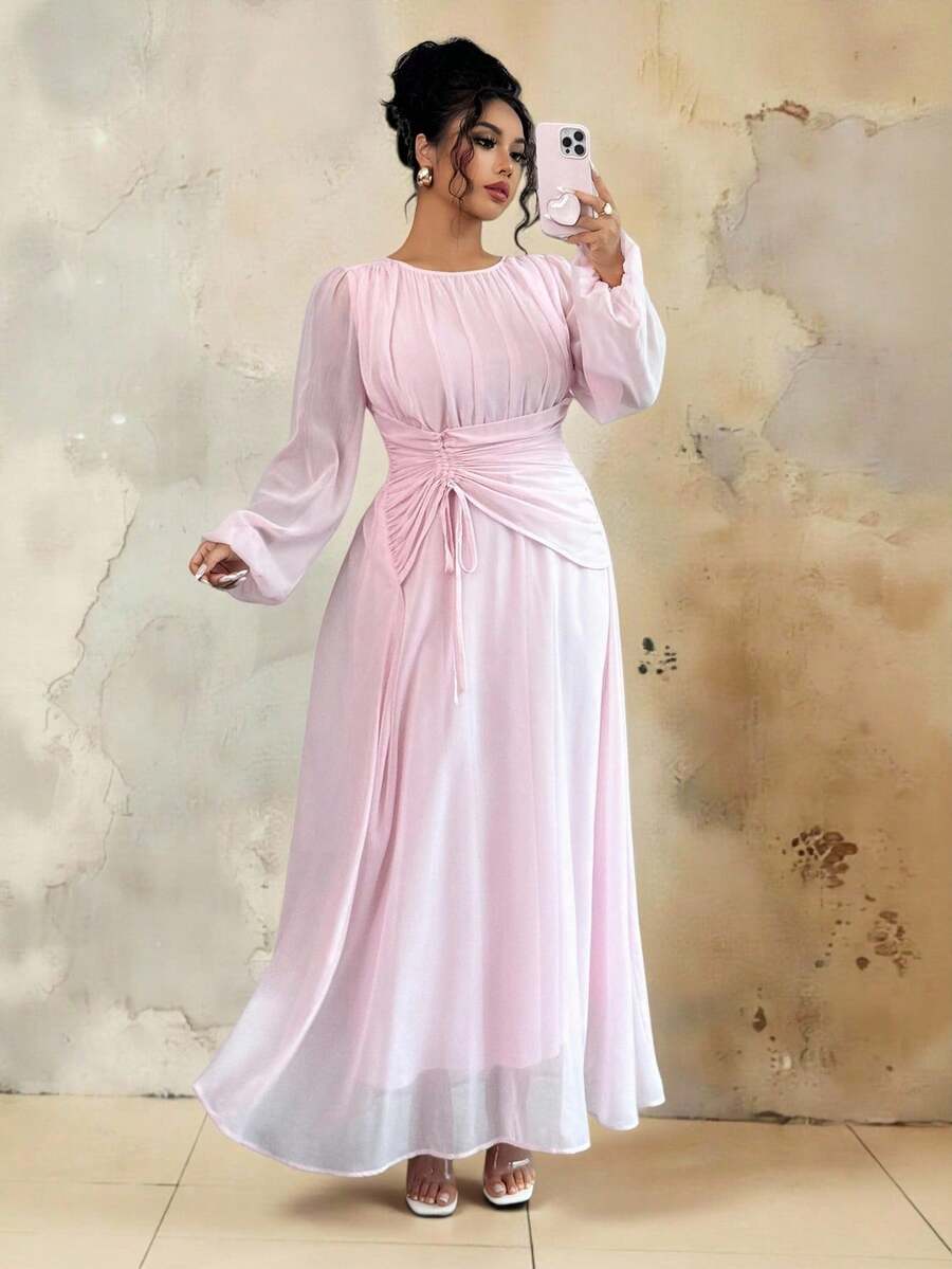 Roveilla 大码女式春夏法式浪漫西西里优雅休闲通勤度假圣诞派对纯棕色圆领褶皱腰抽绳A字弹力腰长袖连衣裙 - 淺粉色 - 查看 1