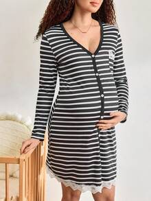 Moonlight&Mama 孕妇春夏条纹前开襟蕾丝边睡裙 - 黑與白 - 查看 4