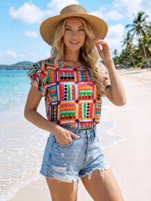 Sylviya 女士休闲纹理荷叶袖度假花卉衬衫 - 彩色 - 查看 5