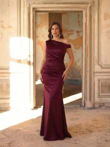 Aureia Vestido de Festa Formal Elegante Plus Size em Cetim Bordô com Retalhos, Ombro Assimétrico, Fivela Metálica e Cauda de Sereia, Adequado para Casamentos, Festas, Férias e Todas as Ocasiões Formais, Vestido de Madrinha - Vinho - Visão 6