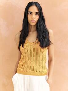 KSTM Débardeur en tricot ajouré sans manches pour femmes avec motif œillet décoratif, col en V, décontracté pour l'été - Doré - Voir 5