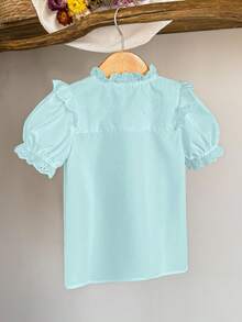 SHEIN Elladie kids 女童休閒花卉荷葉邊花瓣袖純色上衣，夏季優雅派對穿搭 - 薄荷綠 - 查看 3