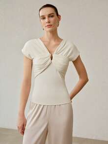 MOTF PREMIUM RUCHED V NECK RIBBED T-SHIRT - White - View 4