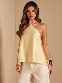 SHEIN BAE Women's Solid Yellow Spaghetti Strap Backless Asymmetrical Hem Minimalist Satin Blouse, Casual Wear,Women's Social Blouse - Yellow - View 6