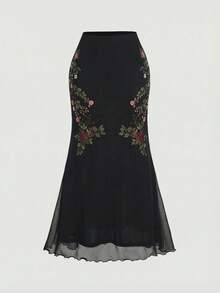 MOD Conjunto de 2 piezas elegante para mujer: Camiseta con estampado floral combinada con falda maxi de corte slim - Negro - Ver 4