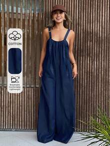 DAZY 女士宽松长款都市休闲牛仔背带裤和连体裤 - 深色水洗藍 - 查看 1