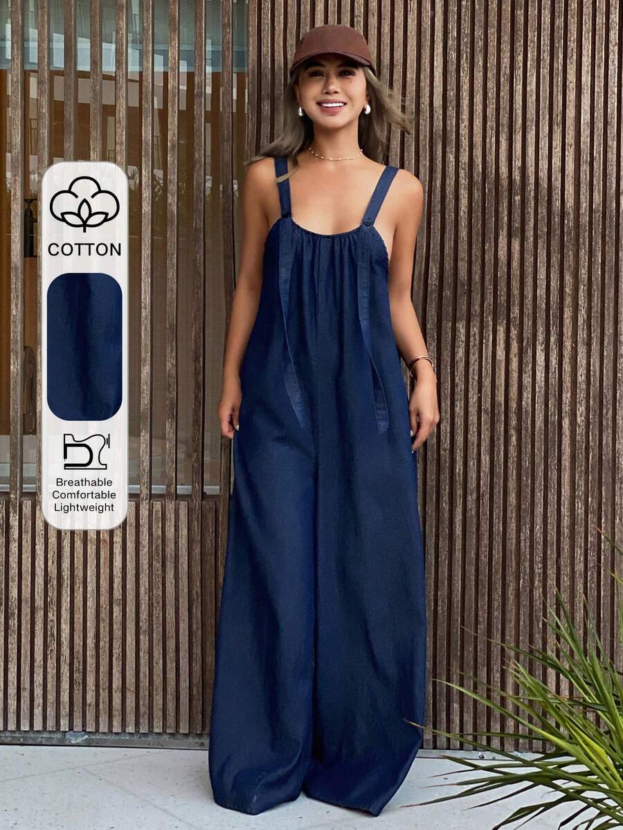 DAZY 女士宽松长款都市休闲牛仔背带裤和连体裤 - 深色水洗藍 - 查看 1