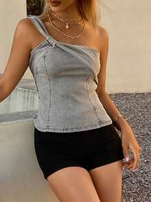 DAZY 女士休闲无肩带斜肩性感牛仔露脐上衣，夏季 - 灰色 - 查看 5