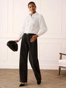 Lilora Stylish White Women Blouse With Unique Embroidered And Eyelet Design Long Sleeve Button Down Shirt For Office And Everyday Wear, Women's Shirts For Summer, Women Casual Outfits - White - View 6