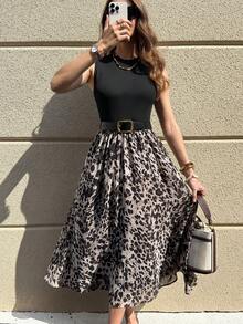 Solivie 女士休闲无袖豹纹拼接中长连衣裙 - 黑色 - 查看 5