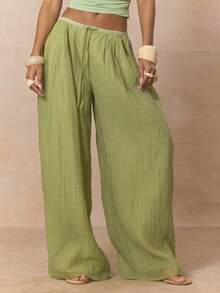 MUSERA Quần ống suông xếp ly, eo thon, dáng suông, cạp thấp, chỉ cần chọn quần để phối đồ, thích hợp cho mùa xuân, kỳ nghỉ, nữ tính, mùa hè, phong cách thường ngày. - Màu xanh Ô liu - Xem 1