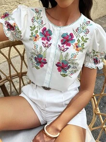 Selianne Women's White Floral Floral Printed Fashionable Holiday Style Shirt,Summer Boho Blouses,Modest Vacation Summer Tops Vacation - Multicolor - View 4