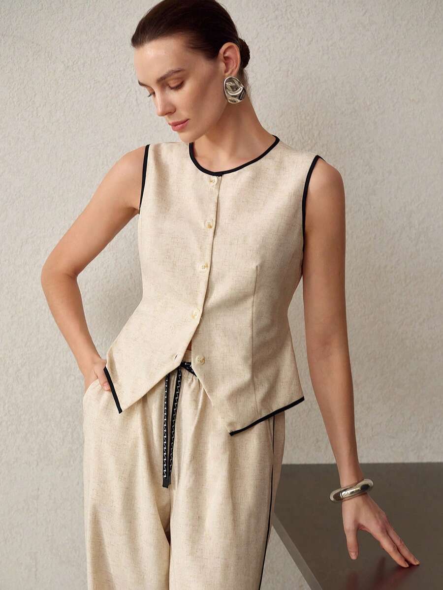 MOTF PREMIUM CONTRAST BINDING BUTTON PLACKET SLIM WAIST TANK TOP - Apricot - View 1