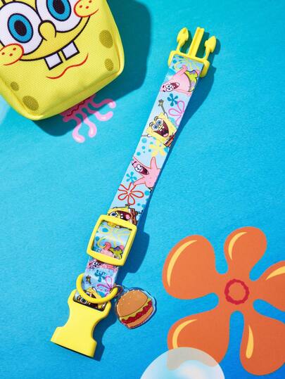 SpongeBob SquarePants | SHEIN 1 Piece Cartoon Printed Adjustable Pet Collar With Leash Hook, Adjustable Collar Length. S/L Size Optional, Suitable For Pets Of All Sizes, Suitable For Cats, Dogs, Hamburgers