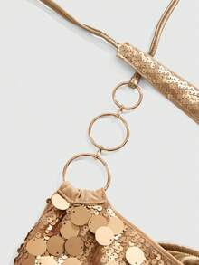 ROMWE Avant Sexy Y2K Party Sequin Halter Plunging Neck Low Waist Mini Dress For Women - Gold - View 3