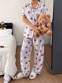 Napfluff Conjunto de pijama con estampado de oso escocés, conjunto de pijama de oso de peluche, conjunto de pijama a cuadros para primavera/verano, conjunto de pijama a cuadros escoceses, conjunto de pijama para mujer - Marrón - Ver 5