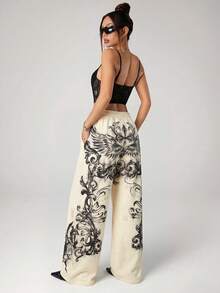 SHEIN ICON Punk Positioning Print Oversized Casual Low-Waist Pants Pattern Pants Printed Pants - Apricot - View 3