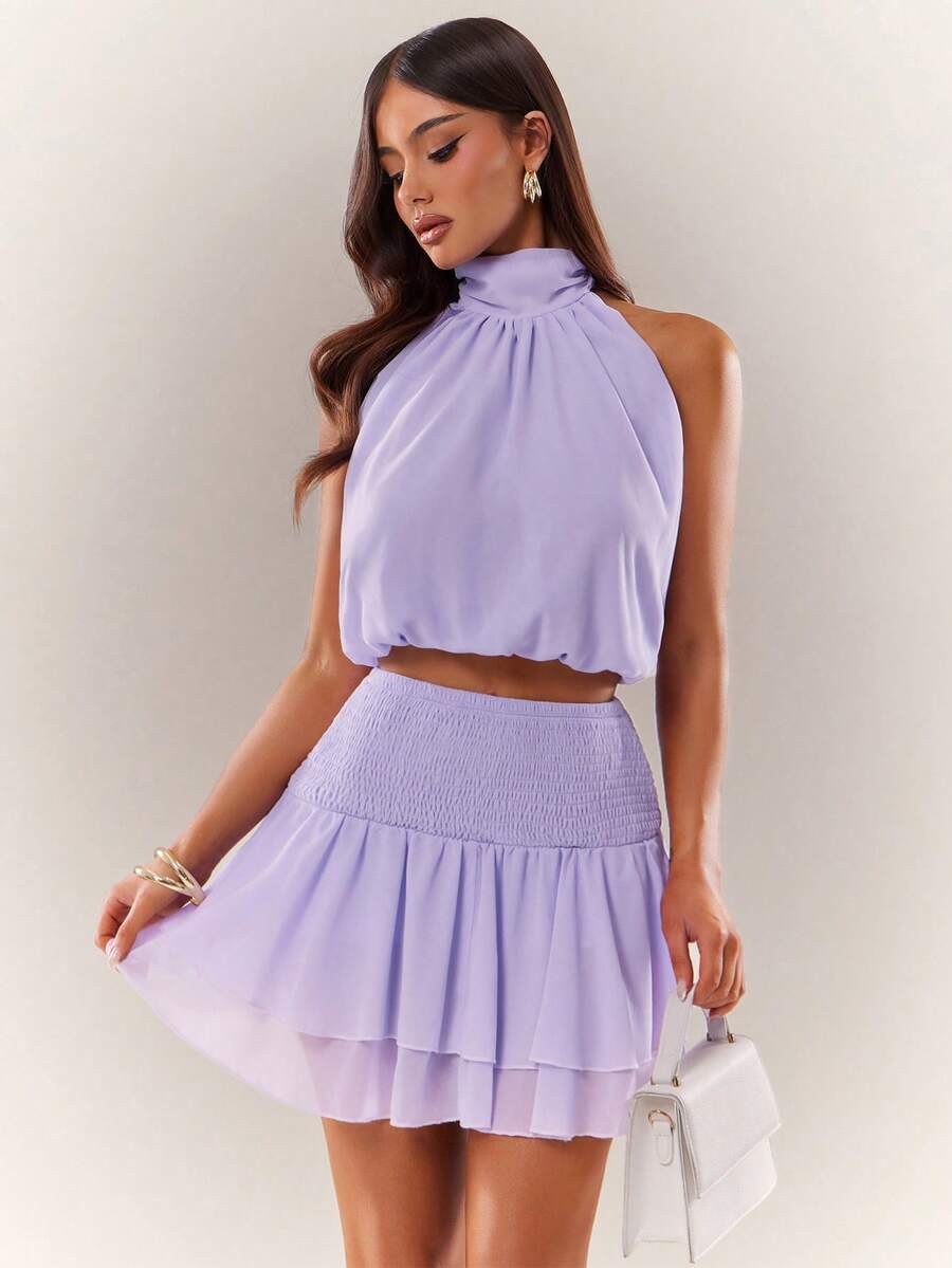 Radiana 2pcs/Set Elegant Purple Chiffon Outfit (Including Anti-Slip Leggings), Ruffle Backless Top And Ruffled Mini Skirt, Sexy Backless Set, Suitable For Daily Outing, Urban, Commute, Tea Party, Night, Date, Gathering, Beach Holiday, Music Festival, Concert - Purple - View 1