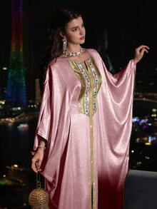 Layrah 春夏圆领优雅拼接缎带绿色修身蝙蝠袖连衣裙 - 粉色 - 查看 5