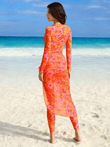 Swim Shayni 女士印花长袖拉链连体泳衣套装，含罩衫和裙子，度假款 - 橘色 - 查看 2