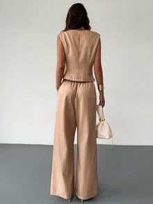 RiviMae Islalun Women's Striped Suit Vest With Waist Cinching, Sleeveless Flared Leg Pants Set - Apricot - View 2