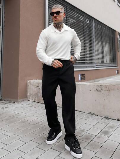 Artur Kramer 男士纯色长袖休闲 Polo 衫，适合日常通勤，秋季休闲男士奶油米色男士 Polo 衫，适合秋季