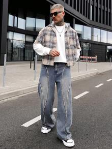 Artur Kramer 男士格子印花前开襟纽扣口袋休闲长袖衬衫 - 卡其色 - 查看 1