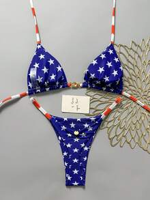 Swim Mod 女士美国国旗印花露背三角比基尼套装，褶皱丁字裤泳装，独立日海滩装扮，春夏美国比基尼两件套，一口价，女士泳装，Zestiva泳装，Yummy Control泳装，美国国旗泳装，美国泳装 - 彩色 - 查看 4