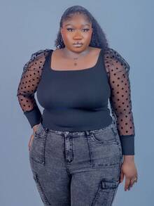 CurvyTilda 大碼拼接波點網紗羊腿袖方領上衣 - 黑色 - 查看 7