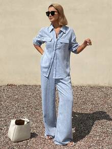 DAZY 女士休闲口袋衬衫配领带和阔腿裤两件套，春夏款 - 藍色 - 查看 6