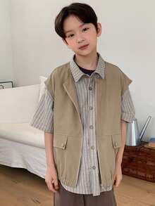 DAZY Tween Boy's Casual Solid Color Sleeveless Jacket, Summer Spring - Khaki - View 4