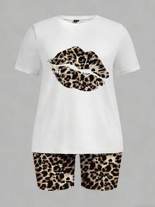 Slaydiva Casual Loose Leopard Print Lip Graphic Round Neck Short Sleeve T-Shirt And Shorts Set, Suitable For Summer Music Festivals, Plus Size - Brown - View 5