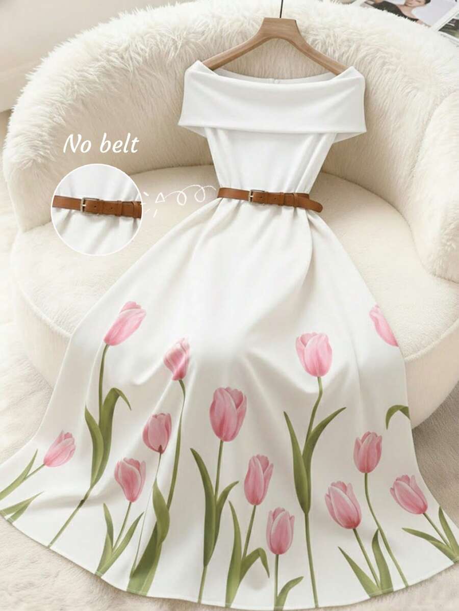 GlowEve 女士露肩印花优雅连衣裙 - 白色 - 查看 1