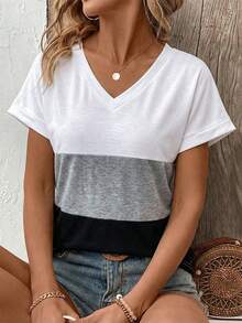 Lymera Camiseta feminina casual com decote em V e estampa patchwork, versátil para o trabalho e uso diário, primavera/verão. - Multicolorido - Ver 6