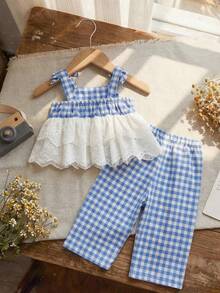 2pcs Baby Girl Plaid Round Neck Sleeveless Top And Elastic Waist Pants Set Checkered Outfit Two Pieces Sets Girls Two Pieces Set Cute Vintage Style Light Blue Matching Set Baby Girls 2pcs Set Baby Girl Checkered Outfit Little Girl Summer Sets - Multicolor - View 7
