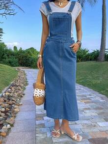 DAZY 女士休闲水洗牛仔背带裙，鱼尾下摆，春夏款 - 藍色 - 查看 4