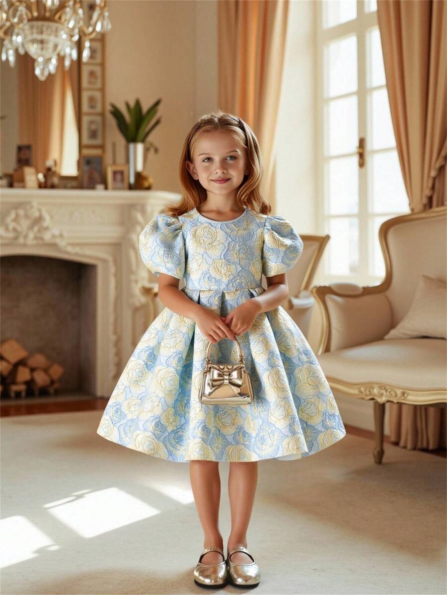 Glamorique Kids 少女花卉提花圆领花瓣袖优雅派对连衣裙 - 藍色 - 查看 1