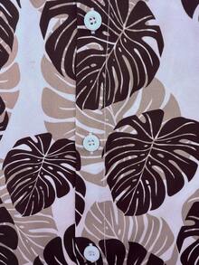 Surfspeed Men's Leaf Print Button-Down Short Sleeve Shirt And Drawstring Waist Shorts Casual Beach Outfit, Holiday - Coffee Brown - View 5