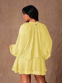 Rustia Vestido corto de manga larga con volantes en la cintura, ajustado, con dobladillo con volantes y capas, Vestido corto de manga larga con cuello redondo, Vestido estilizador de talla grande - Amarillo - Ver 2