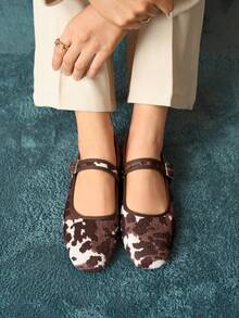 Rosivie Mocasines planos de mujer con diseño de hebilla y estampado de vaca, versátiles y de moda - Café integral - Ver 10
