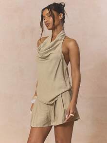 MUSERA 高领垂褶不对称下摆露背上衣（单件上衣）可爱春日假日少女风 Sugar Salt - 駝色 - 查看 3