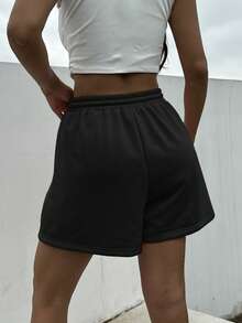 SHEIN EZwear 夏季寬鬆休閒粉色束腰拼接運動短褲 - 黑色 - 查看 2