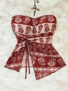 Elamini 女士休闲度假优雅日常时尚街头风波西米亚佩斯利印花抽绳不对称下摆抹胸上衣 - 彩色 - 查看 1